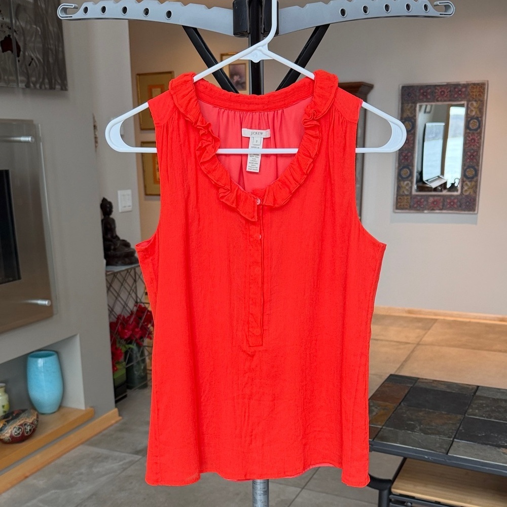 J Crew silk Bright Coral Ruffle Neck Sleeveless Top size 2